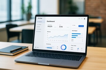 Laptop mockup displaying business dashboard interface with charts and reports on wooden desk in bright office background for branding concept. Ai generative