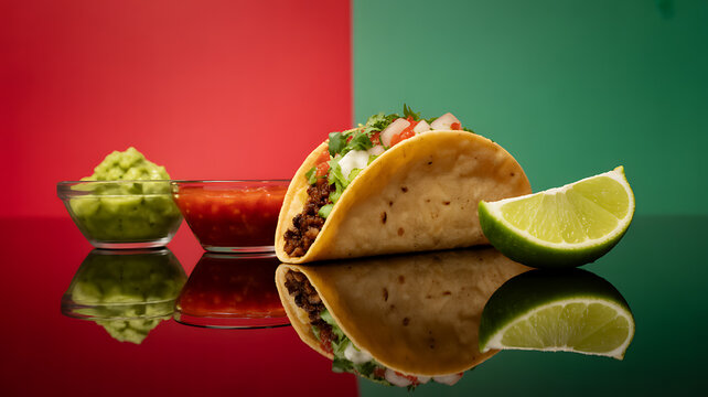 A close-up of a taco with guacamole, salsa, and lime on a reflective surface against a red and green background.