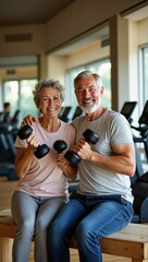 Naklejka premium Happy senior couple exercising with dumbbells at the gym