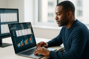 Business professional analyzing financial data on laptop in bright modern office background with creative charts and graphs visible on screens. Ai generative