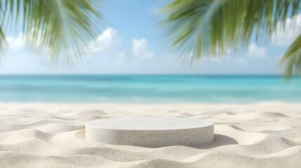 Fototapeta premium A summer scene featuring a natural stone podium placed on soft sand, cosmetics product presentation
