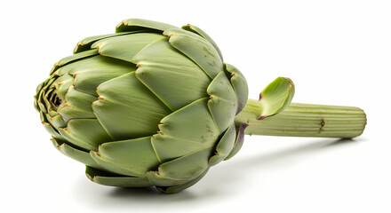 Obraz premium A fresh, green artichoke with its stem is presented against a clean white background, highlighting its layered texture and natural form.