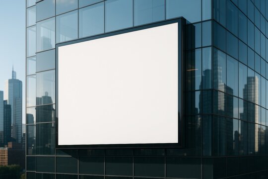 Blank white billboard mounted on reflective glass building facade in modern cityscape with skyscrapers in soft daylight. Ai generative. Ai generative