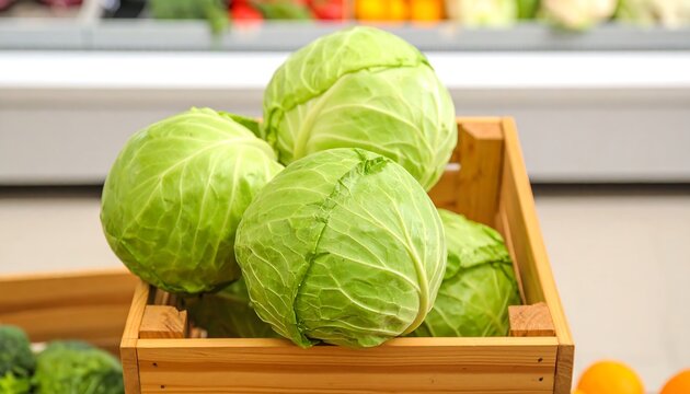 Fresh cabbages in a wooden crate