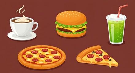 Arrangement of Cartoon Food Items Pizza Burger and Drink