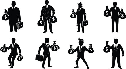 Businessman silhouette, money bag, financial success, corporate wealth, investment icon, profit symbol, suit and tie, briefcase, economy, finance,