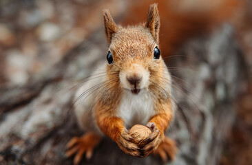 Fototapeta premium Red squirrel holding a nut in its paws on a tree trunk in the forest, looking directly at the camera with a curious expression, creating a heartwarming scene.