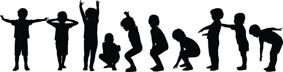 Children silhouette, expressive pose, body movement, standing, squatting, bending, reaching, playful gesture, youth activity, posture, motion, energy, childhood, fun