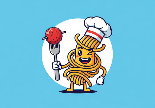 Cute spaghetti chef character holding a meatball on a fork isolated on white background