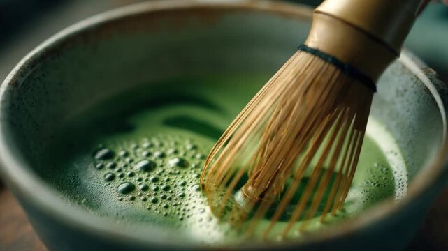 Matcha Tea Ceremony: A serene moment captured in a photorealistic macro shot, featuring a traditional bamboo whisk delicately swirling vibrant green matcha tea in a rustic ceramic bowl.