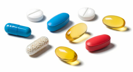 Assortment of colorful pills and capsules, including white tablets, blue, yellow, and red varieties, scattered on a pristine white background.