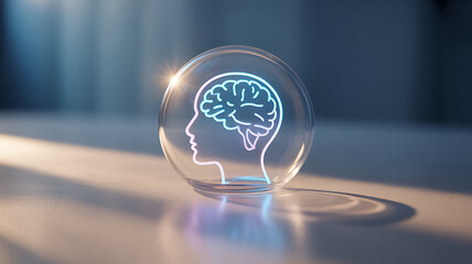 A transparent sphere with a glowing brain and human silhouette inside, symbolizing neuroscience and cognitive function.