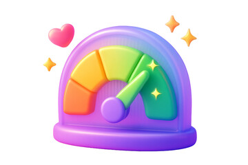 Fototapeta premium Colorful satisfaction level meter with green pointer, heart shape and sparkles in glossy 3D style on white background, concept of positive feedback. Ai generative