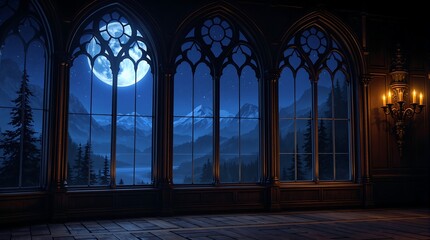 Night landscape view from gothic window with moon and mountains dark academia aesthetic wallpaper background