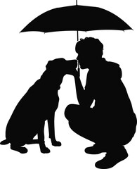 Silhouette person, dog interaction, umbrella protection, pet care, companionship, empathy, rainy day, crouching pose, animal love, gesture, friendship,