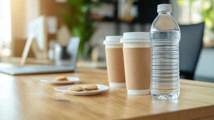 Coffee cups and water bottle on office desk with snacks