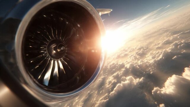 Jet Engine Soaring Through the Sky: Capturing the raw power and futuristic design of a jet engine against the backdrop of the earth from above, a stunning illustration of flight, exploration.