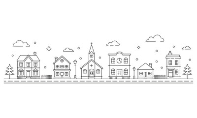 Simple Monochrome Townscape Illustration of Various Buildings Trees and Clouds in a Line Drawing Style for Decoration and Design