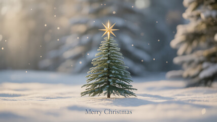 Snow-covered Christmas tree with golden star in a winter landscape