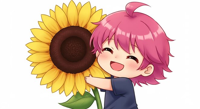 陽光輝く笑顔の子と向日葵 優しいタッチのイラスト. AI Generated