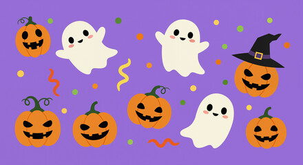 Halloween-themed illustration with pumpkins and playful ghosts  