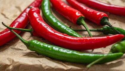 Close-up of red and green chilies