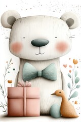 Cute bear in a green bow tie and with a pink gift on a bright white background. For fun baby craft projects, watercolor style.