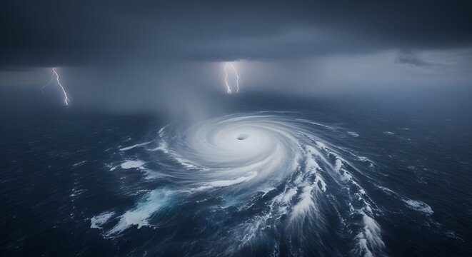 A swirling vortex in a stormy sea, illuminated by dramatic lightning. - Powered by Adobe