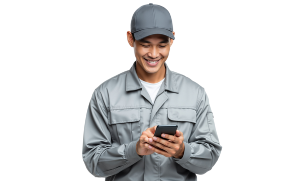 Smiling delivery worker in uniform using a smartphone