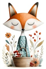 Cute fox in a berry-patterned dress and with a basket of berries on a white background. For woodland-themed journals, watercolor style.