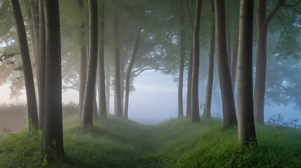 Misty forest scene with tall trees and fog-covered greenery