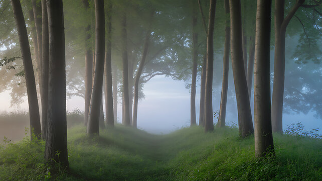 Misty forest scene with tall trees and fog-covered greenery