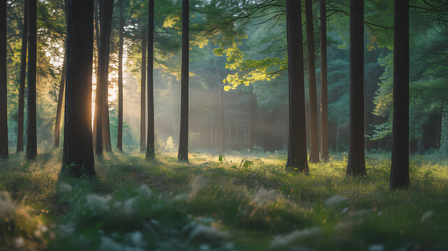 Sunlight filtering through tall trees in a serene forest at dawn