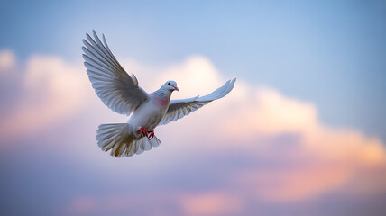 Obraz premium White dove in flight against a soft sky with pastel clouds