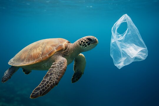 Sea turtle swimming underwater near floating plastic bag, highlighting marine pollution in a blue ocean environment with natural lighting. Ai generative