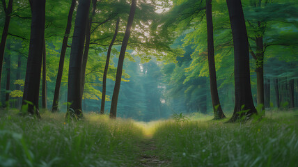 Obraz premium Sunlight filtering through tall trees in a serene forest with a grassy path leading into the distance