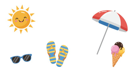 Summer vacation beach symbols - sunny day, sunglasses, flip flops, ice cream cone, and umbrella graphics