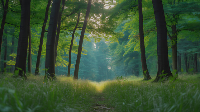Sunlight filtering through tall trees in a serene forest with a grassy path leading into the distance