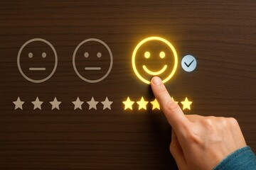 Hand pressing glowing happy face and five stars on wood surface, customer feedback and satisfaction rating concept
