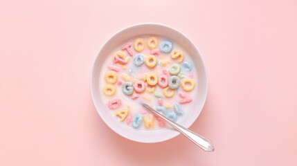 Colorful alphabet and ring cereal with milk in a white bowl on a pink background