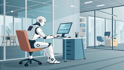AI Office Automation: In a modern, sleek office environment, an intelligent robot sits at a desk, its metallic form and advanced technology integrated into the workspace.