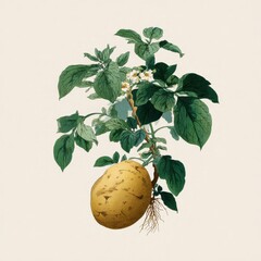Botanical Illustration of Potato Plant with Tuber and Flowers