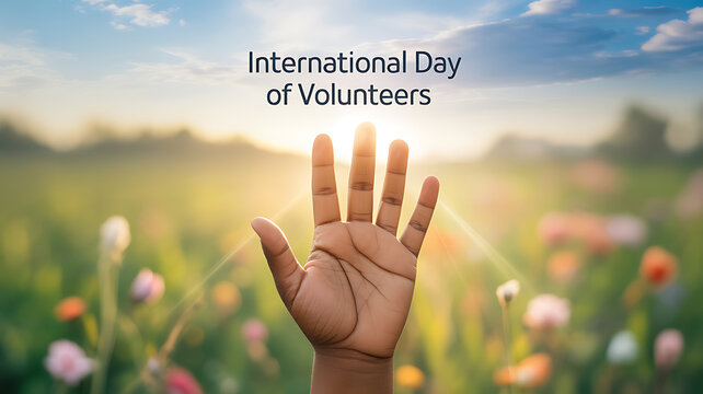 Hand reaching toward sunlight in a flower-filled field on International Day of Volunteers