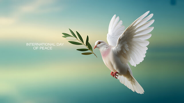 White dove carrying an olive branch in flight against a soft sky background, symbolizing peace.