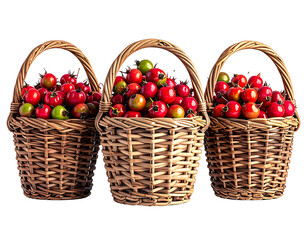 Three woven baskets overflowing with red and green berries