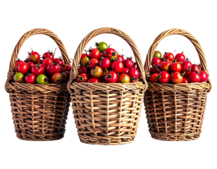 Three woven baskets overflowing with red and green berries