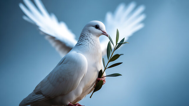 White dove holding olive branch with wings spread against blue sky