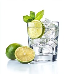 Fototapeta premium Fresh Lime Drink with Mint and Ice in Clear Glass on White Background