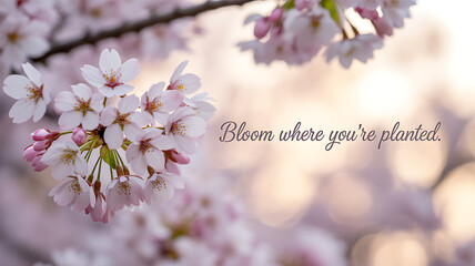 Cherry blossoms in full bloom with soft focus background and inspirational text
