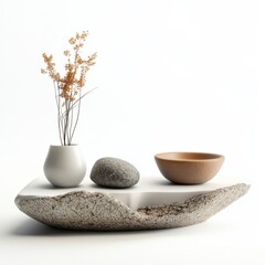 Minimalist Table Arrangement with Vase and Decorative Stones
